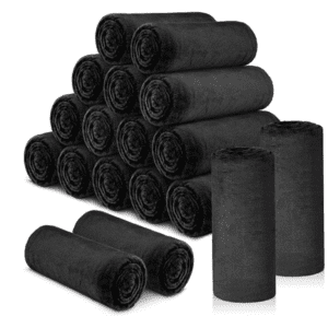 A pile of black rolls sitting next to each other.